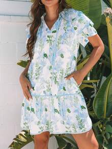 Women's Floral & Striped Print Ruffle Hem Cap Sleeve Vacation Dress, Summer Elegant - Baby Blue - View 3