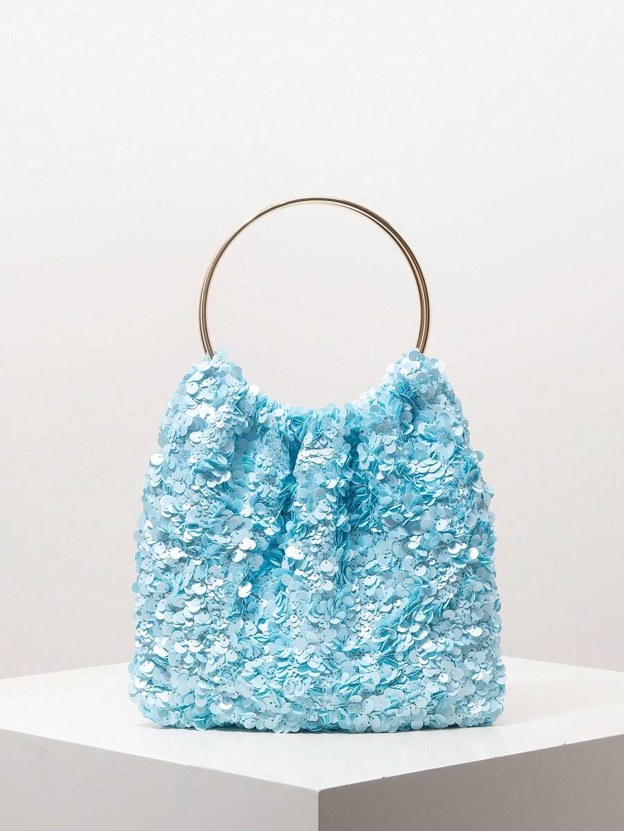 Sequin Clutch Bag With Metal Ring Decor, Elegant Evening Party Purse, Wedding Accessories, Gift For Women, Valentine's Day (Random Pattern) - Blue - View 1