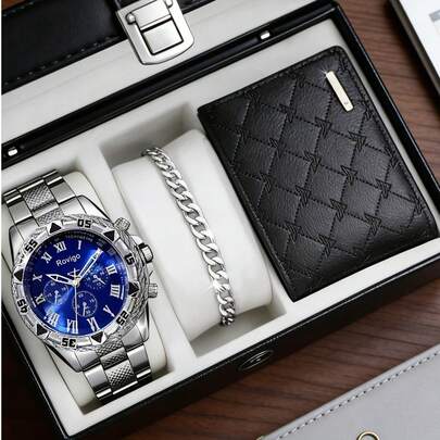 Set de 3 relojes de lujo para hombres en plata, parte de la colección de joyería para hombres, que incluye 1 reloj de cuarzo multifunción con números romanos azules, correa de metal plateado y bisel 3D, junto con una pulsera de cadena plateada y una billetera de piel sintética negra. Diseño elegante y de moda que muestra encanto y estilo.