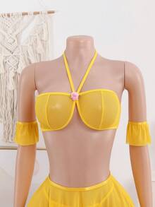 5件套黄色性感内衣臂套，极具挑逗风格，搭配丁字裤臂套，是亲密娱乐的完美选择。 - 黃色 - 查看 3