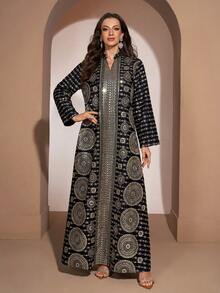 YISIKADO Damen Abendkleid, würdevoller V-Ausschnitt, besticktes Langarmkleid im arabischen Stil, geeignet für Geburtstagsfeiern, Hochzeitsgäste, Bankette, Abschlussfeiern, Feiern und andere Anlässe - Verschiedenfarbig - Übersicht 5