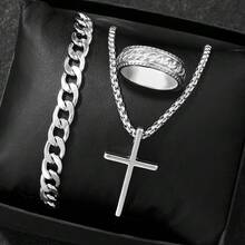 Three-Piece Men's Necklace Set With A Cross Pendant, Ring, And Bracelet. Ideal Father's Day Gift. Stylish Jewelry For Everyday Wear. - 銀色 - 查看 1