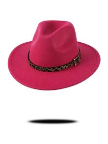 1pc Gray Felt Fedora Hat, Wide Brim Design With Leopard Print Band & Metal Buckle Decor, Chic & Stylish For Casual, Commute, Street Wear, Unique & , Multi-Color Options To Match Various Outfits