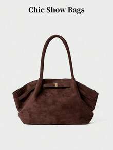 1个纯色仿麂皮单肩包，女士复古休闲大容量手提包，配有可调节肩带、褶皱设计、双提手和磁扣，适合旅行、购物、约会、青少年、大学生、初学者和上班族，也适合上学、工作、商务、通勤、户外、旅行、徒步等场合。新款时尚大容量女士手提包，办公包。 - 咖啡 - 查看 9