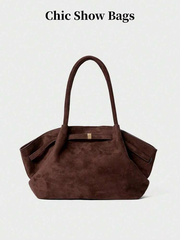 1 st enfärgad axelväska i konstmocka, retro casual handväska med stor kapacitet för kvinnor med justerbar rem, veckad design, dubbla handtag och magnetisk tryckknappsknäppning, lämplig för resor, shopping, dejting, tonåringar, högskolestudenter, nybörjare och kontorsarbetare, skola, arbete, affärer, pendling, utomhus, resor, vandring, etc., ny modeväska med stor kapacitet för kvinnor, kontorsväska - Kaffe - Visa 8