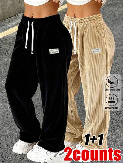 2 chiếc quần dài nữ thời trang bằng vải nhung kẻ, màu trơn, có túi dây rút, thoáng khí và thoải mái, phù hợp cho các hoạt động hàng ngày, dã ngoại, du lịch, một món quà lý tưởng cho bạn gái nhân dịp đi chơi hoặc mua sắm trực tuyến.