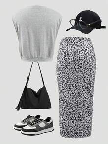 13-16岁少女豹纹爱心印花两件套，无袖豹纹爱心图案上衣和豹纹迷你裙套装 - 灰色 - 查看 3