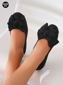 经典蝴蝶结装饰圆头平底女鞋，加大码 36-43，加厚前脚掌保护双脚，优化的鞋跟设计防滑，柔软面料材质和缓冲鞋垫，穿着舒适 - 黑色 - 查看 2