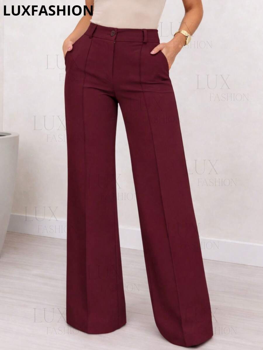 Luxfashion.Br Women's Tailored Dress Pants With Button, Pocket, And Zipper - 酒紅色 - 查看 1
