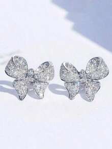 1 Pair Of Copper Inlaid Cubic Zirconia Bowknot Earrings - 銀色 - 查看 2