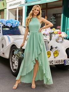 Chiffon Backless Keyhole Bridesmaid Dress, Elegant Sleeveless Maxi Dress With Belt And Slit - Mint Green - View 2