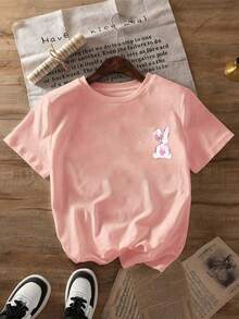 Girls Cartoon Rabbit Print Short Sleeve T-Shirt, Teens Round Neck Blouse For Summer - Pink - View 2