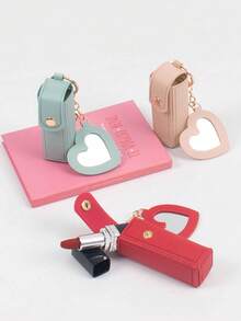 1个创意新款迷你心形镜面口红盒，皮革口红包，钥匙扣挂件，汽车装饰挂件，背包挂饰，时尚钥匙扣挂件，旅行化妆包，零钱包，收纳袋，多功能收纳盒，可装硬币、化妆品、口红、钱包、手提包挂件 - 彩色 - 查看 10