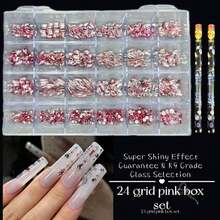 KIRAME 24 Compartments DIY Manicure K9 Glass Pink Flat Bottom Rhinestone Set - 20pcs High Gloss Rhinestones Per Style, Includes 2 Dotting Pens, Nail Gems, Nail Salon, Home Manicure, Nail Art Supplies, Christmas, New Year, Valentine's Day Nail Art, Holiday Gift, Suitable For Crafts, Clothing, Textiles, Shoes, Glassware, Jewelry Making - Multi-Size Sparkling Decorations Nails - 粉色 - 查看 5