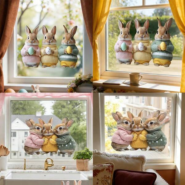 1/3 stuks Paasraamstickers Schattig Konijn met Bloemen Patroon PVC Elektrostatische Raamfolie voor Decoratie van Woonkamers, Winkelramen.
