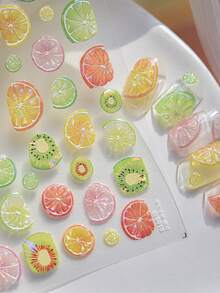 1片多汁水果切片奇异果西柚柠檬果冻清新5D美甲贴纸自粘按压式美甲贴，适合女性夏季美甲装饰，日常派对健康美甲用品 - 彩色 - 查看 1