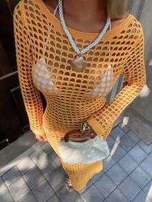 MORI Orange Hollow-Out Long Sleeve Knitted Cover Up Dress, Women's Spring/Summer New Beach Holiday Vacation Seaside Outfit, Summer Fashion Elegant Casual Loose Daily Versatile Travel Comfortable Knit Dress - Orange - View 8