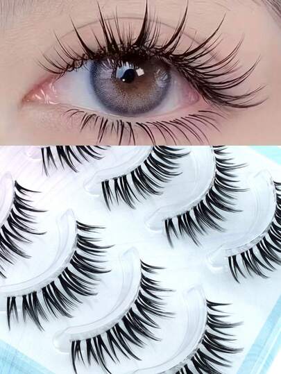 5对韩日湿润感漫画尖头隐形假睫毛，浓密蓬松自然卷翘柔软，可重复使用，适合约会、旅行、眼妆。