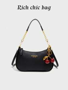 New Fashion Classic Versatile PU Waterproof Fabric M Letter Pattern Shoulder Bag, Printed Design Metal Chain Decoration Design French Baguette Bag, Women's Shoulder Bag Suitable For Shopping. Commuting, Travel Use. - 黑色 - 查看 1