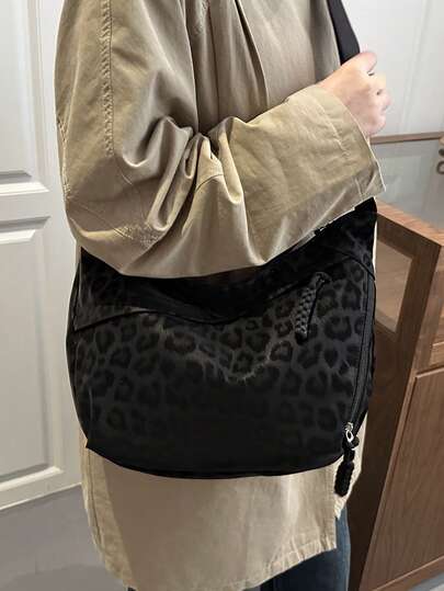 Fashionable Leopard Print Matte Shoulder Bag, Casual Minimalist College Style Wide Strap Crossbody Bag With Multiple Zipper Designs, Suitable For Students, Commuting, Shopping, Daily Use Laptop Case