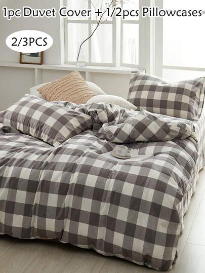 Juego de funda nórdica de 2/3 piezas con estampado de cuadros grises de algodón puro, un juego de ropa de cama moderno y sencillo adecuado para todas las estaciones, apropiado para habitaciones de invitados y dormitorios, suave, transpirable, amigable con la piel y cómodo, lavable a máquina, disponible en tallas grandes y extra grandes (1 funda nórdica + 1/2 fundas de almohada, relleno no incluido).