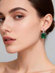 斋月氛围深蓝色方形锆石耳环 - 中东风格闪亮水滴耳环，适合节日装扮 - 綠色 - 查看 3
