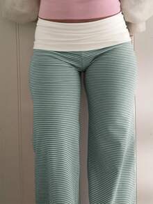 Sunny Girly Spring Women's Back To School Striped Straight-Leg Pants, With A White Ruffled Waist Design, Suitable For Valentine's Day Wear - Green - View 7