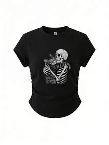 Summer New Minimalist Fashion Design Cartoon Skull Hugging Cat Print Casual Round Neck Short Sleeve Fitted Waist Versatile Women Top - Black - View 6