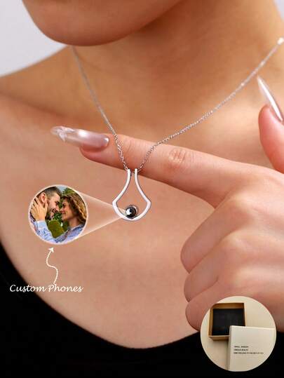 1 Piece Fashion Hollow Teardrop Custom Photo Projection Necklace (Multi-Tone Options, Optional Gift Box Included) – Minimalist & Luxurious Daily Accessory, Romantic Gift For Her On Anniversaries, Ideal For Valentine's Day, Mother's Day, Thanksgiving, And Perfect For Gifting To Lovers, Friends, Classmates, Mothers, Partners, And Secret Crushes
