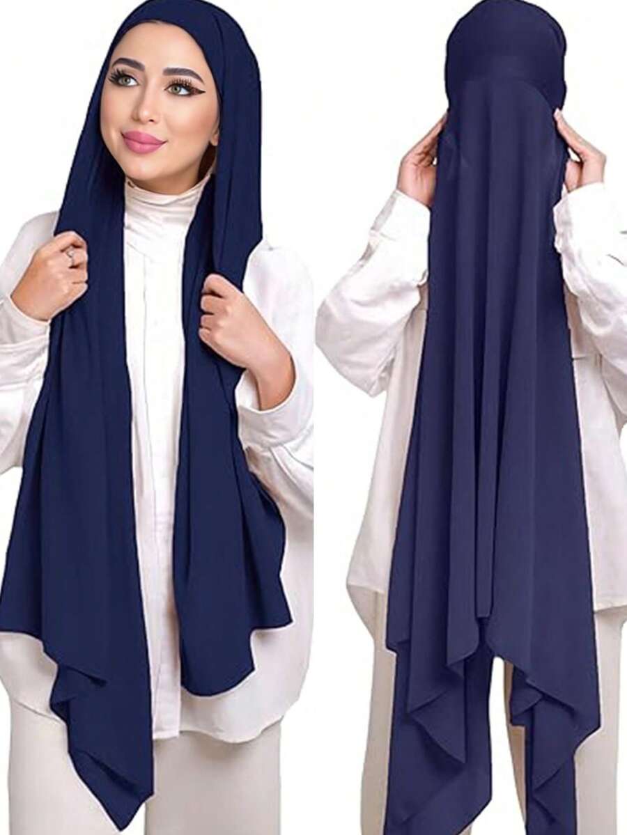 1pc Instant Hijab Women's Solid Color Breathable Chiffon Convenient Muslim Headscarf,Beach,Holiday - Navy Blue - View 1