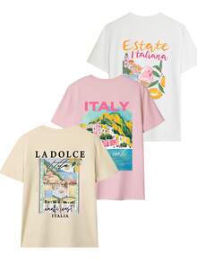 3 Stücke/Set Sommer Neue Einfache Landschafts Grafik Muster Kombination Lässiges Rundhals Kurzarm T-Shirt, Modische & Vielseitige Damen Tops - Weiß, Rosa und Aprikose - Übersicht 3