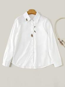 Women's Rabbit & Carrot Embroidery Pocket Button Front Shirt - White - View 4