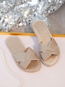 1双亮金色幼儿/儿童平底凉鞋，柔软编织面料，经典露趾设计，防滑鞋底，时尚公主风，适合海滩、派对、度假、室内/室外穿着，2026春夏款 - 玫瑰金 - 查看 4