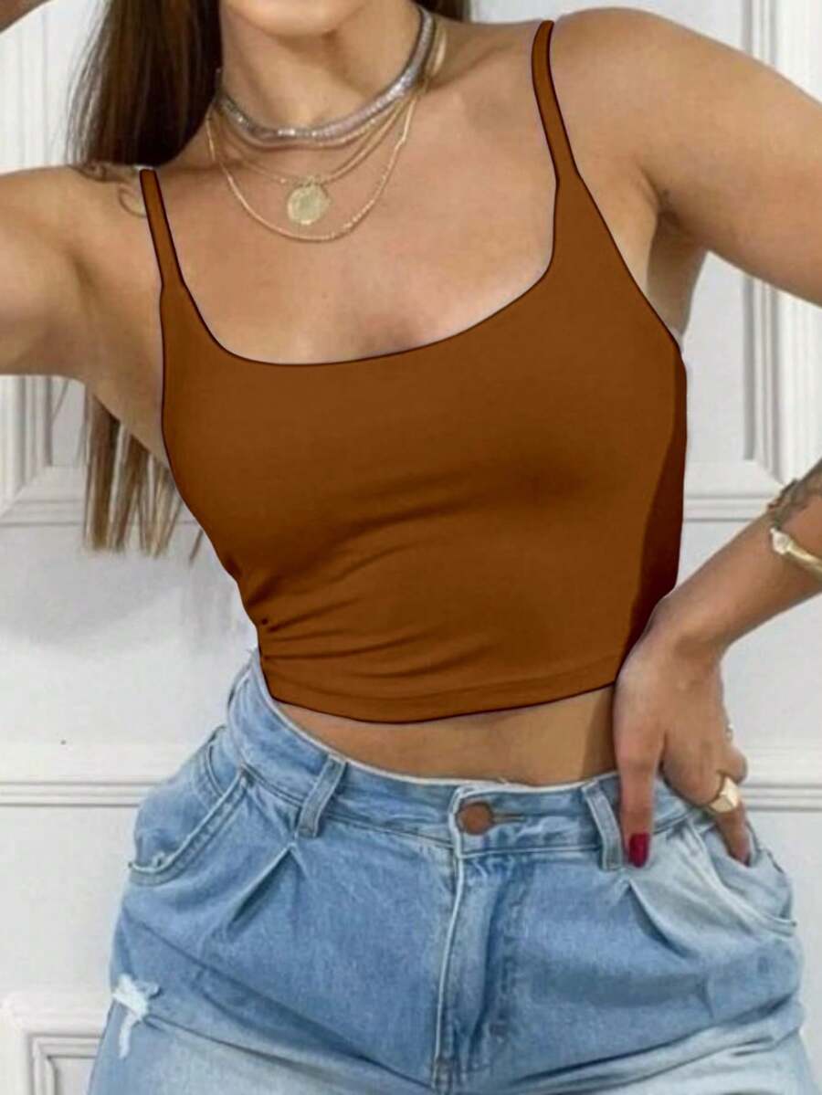 Women's Cropped Tank Top In Supplex Fabric For Summer. - Chocolate Brown - View 1