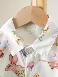 复活节元素男童衬衫，小鸡+鸡蛋+兔子印花短袖休闲翻领，适合儿童户外活动、节日、派对、日常穿着，复活节礼物衬衫 - 白色 - 查看 3