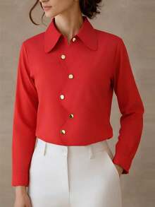 Fashionable Women's Casual Asymmetrical Button-Up Shirt, New Arrival, All Season Spring - Red - View 1