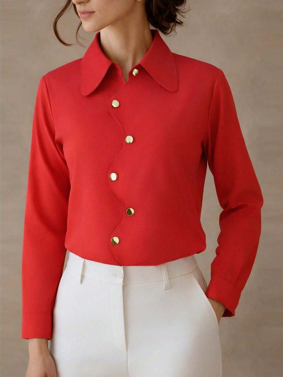 Fashionable Women's Casual Asymmetrical Button-Up Shirt, New Arrival, All Season Spring - Red - View 1