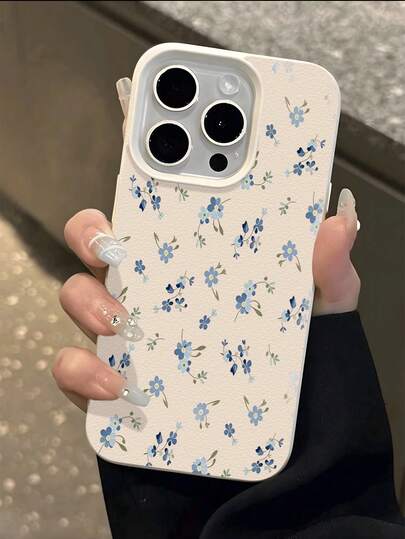 1pc Elegant Blue Floral UV Printed Pattern Leather Texture Soft TPU Protective Phone Case, Compatible With IPhone Fashionable Phone Cover, Ideal As Gift For Valentine's Day, Birthday, Christmas, Halloween, For Boyfriend, Family And Friends