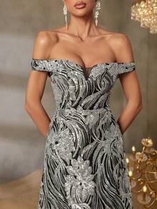 Faeriesty Đầm dạ hội nữ thanh lịch hở vai đính sequin, thiết kế thắt nơ sau lưng, kiểu dáng ôm sát trang trọng, phù hợp cho các buổi dạ tiệc trang trọng, sự kiện thảm đỏ, vũ hội, trang phục dự đám cưới và các bữa tiệc ngày lễ. Tiệc mùa xuân nghỉ lễ. - Bạc - Xem 7