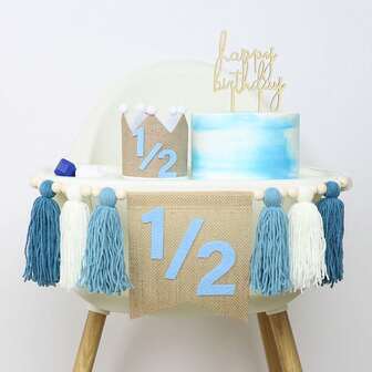 Pancarta de silla alta para el 1/2 cumpleaños, gorro de 1/2 cumpleaños, pancarta de arpillera para el cumpleaños de 6 meses, guirnalda de borlas con cuentas de madera, decoraciones para el cumpleaños de 6 meses, suministros para fiesta de 1/2 cumpleaños, decoración de fondo para foto de cumpleaños