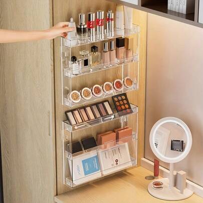 1pc Wall-Mounted Cosmetic Storage Rack, Multi-Functional Display Shelf, Transparent Plastic Material, Detachable, 3/4/5 Tiers, Suitable For Bathroom/Bedroom Storage, Anime Badge/Pin Display