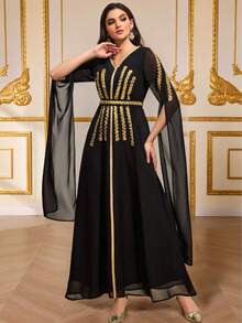 斋月庆典特别款黑色金亮片V领系腰雪纺连衣裙，独特垂褶袖设计，适合特殊场合和节日演出。 - 黑色 - 查看 6