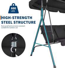 Columpio para Exterior con Toldo Ajustable │ Silla Columpio de 3 Asientos para Adultos con Cojines Gruesos │ Estructura de Acero Resistente │ Ideal para Porche, Jardín o Patio Trasero - Negro 1 - Ver 4