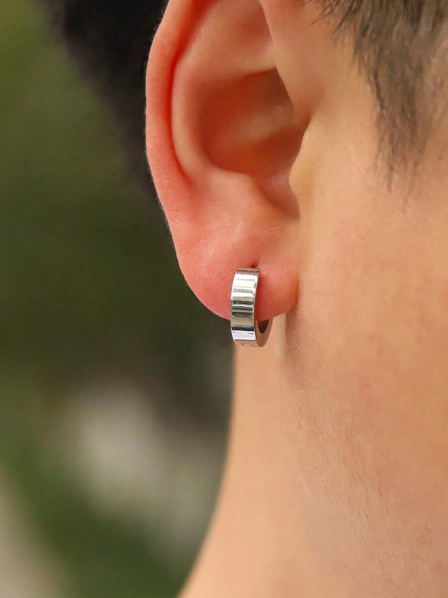 1 Pair Fashionable Stainless Steel Round Hoop Earrings, Minimalist Style Unisex Jewelry Suitable For Daily Wear, Travel, Decoration - Silver - View 1