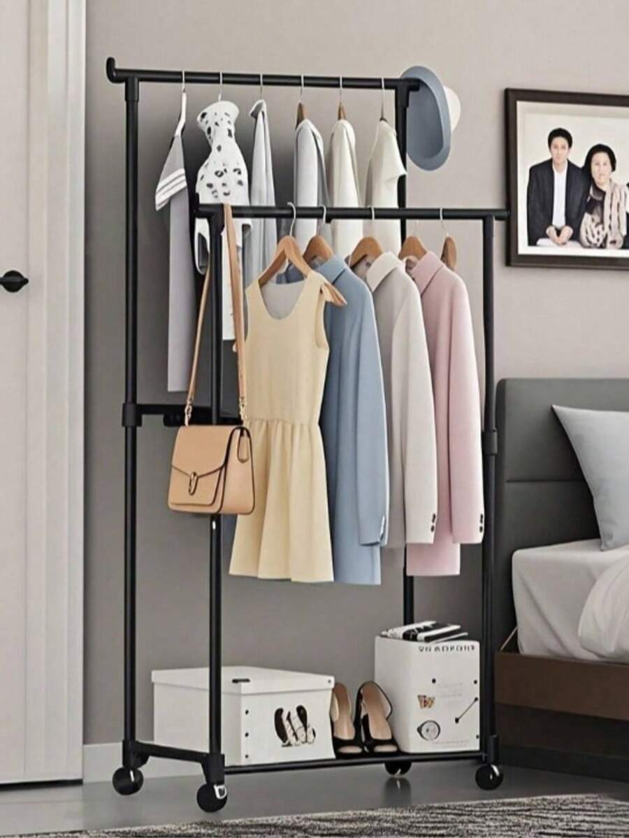 1pc Floor Standing Coat Rack, Small Bedroom Clothes Hanger, Single/Double Rod Garment Rack, Multi-Function Wardrobe Organizer, Portable Clothes Rack For Hanging And Displaying Clothing - Multicolor - View 1