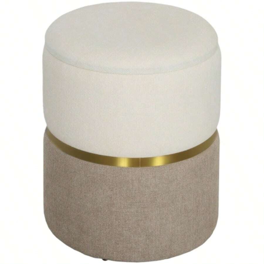 Storage Pouf With Lid, Metal Ring, Two-Tone Design, 36 X 36 X 44 Cm, Cream White - Apricot - View 1