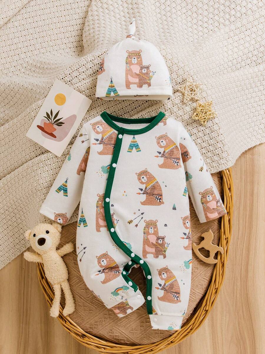 秋冬季男婴可爱卡通印花长袖连体衣，配同款帽子 - 白色 - 查看 1