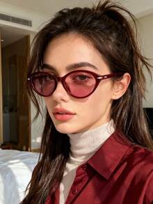 1 pieza Gafas de mujer clásicas y versátiles con montura redonda pequeña y estilo retro, de moda para la calle - Marco y borde de color rojo vino - Ver 2