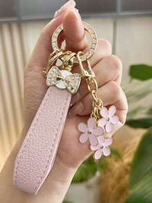 Crystal Bow Flower Keychain Pendant, Luxury Women's Car Key Accessory, Elegant PU Leather Fashion Keyring Gift - Keychain - View 14