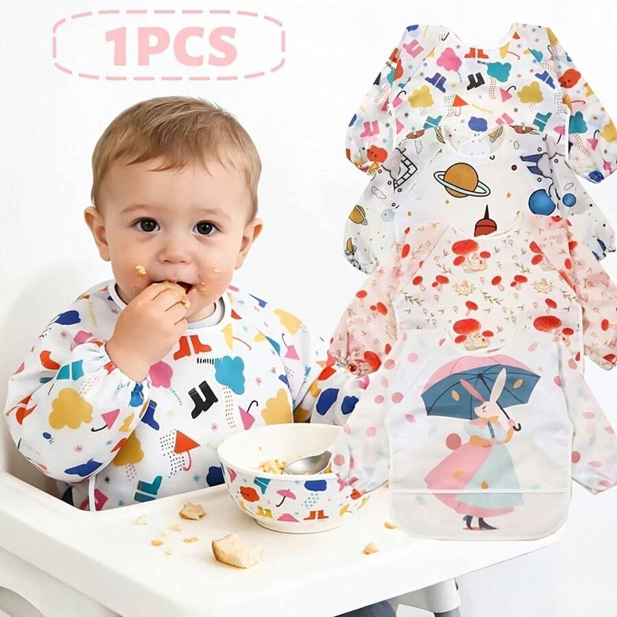 1pc Newborn Reversible Bib, Baby Feeding Smock, Infant Eating Clothes, Unisex - Multicolor - View 1